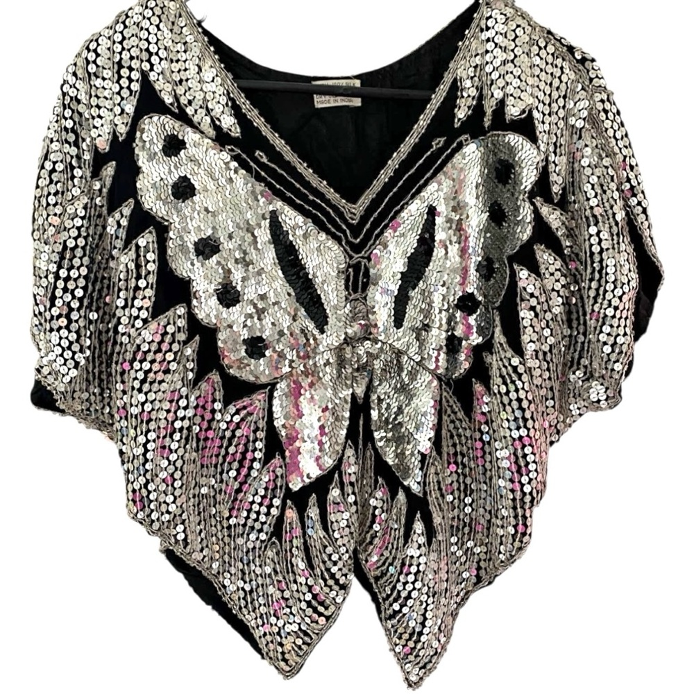 Vintage Sequin Butterfly Disco Top 100% Silk Size Small - Picture 8 of 12